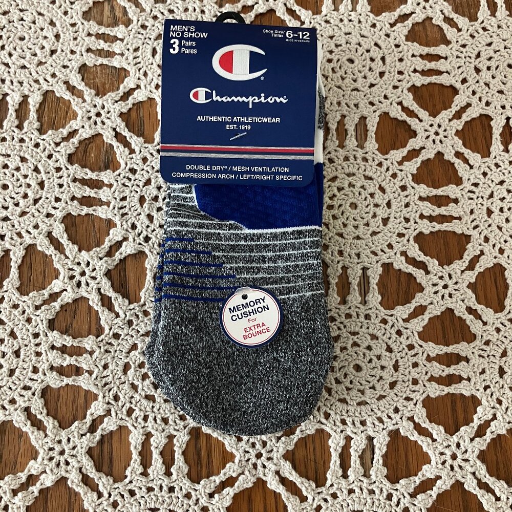 New Men’s Sz. 6-12 3 Pair Champion No Show Socks w/Memory Cushion White Tops